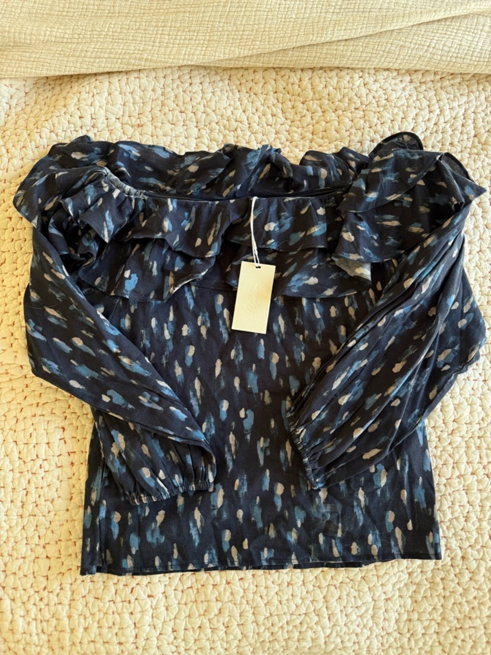 Ruffled Off-Shoulder Blouse in Dark Navy Abstract Print